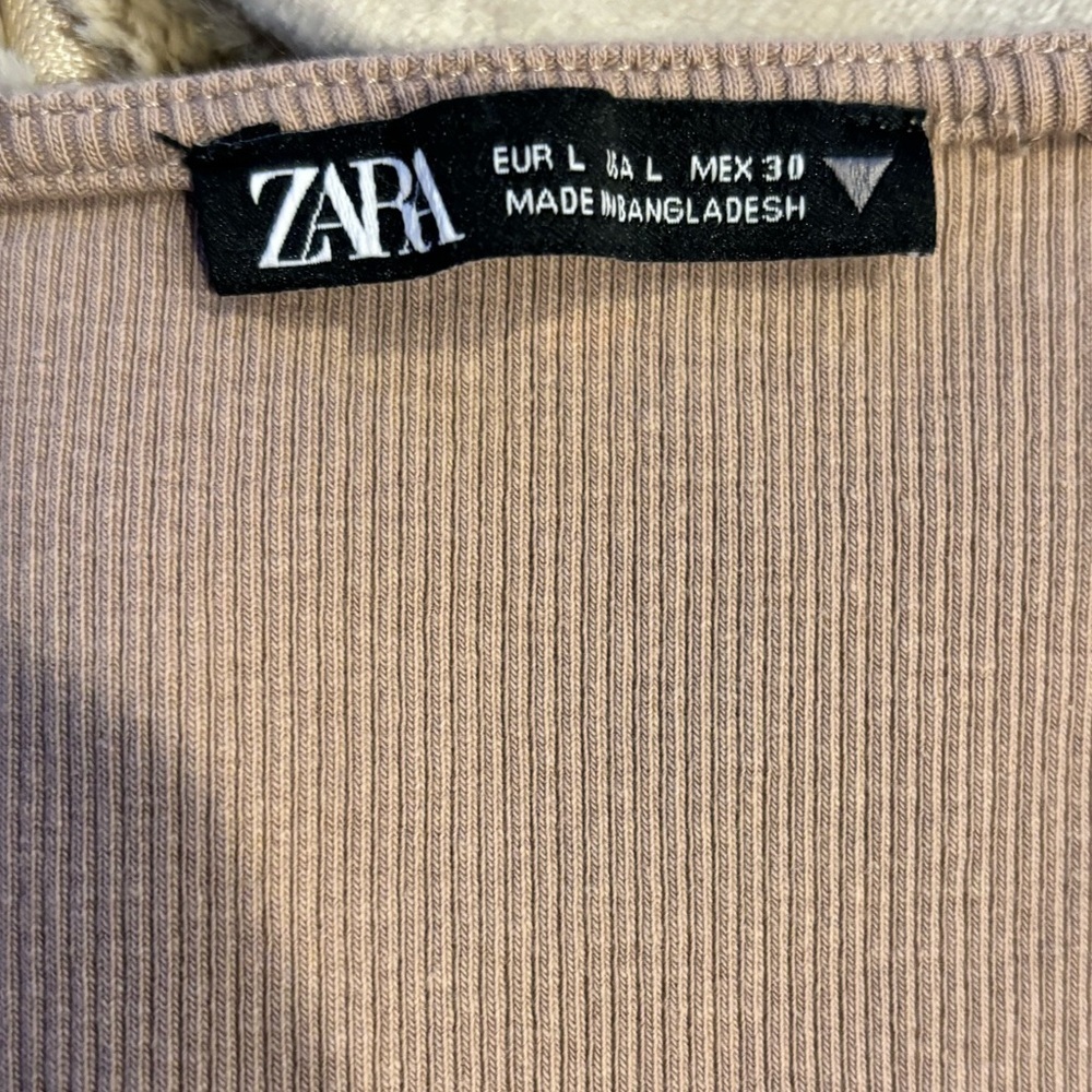 Zara Tan Long Sleeve Women's Square Neck Ribbed Crop Top L - Picture 5 of 12